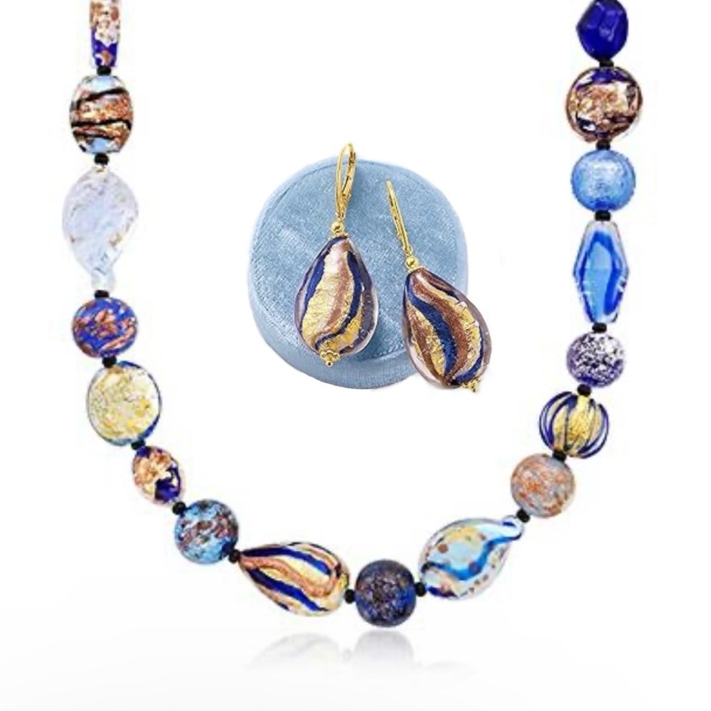 Ross-Simons Italian Murano Glass Bead Teardrop Blue & Gold Necklace Earrings 18k - Picture 2 of 7